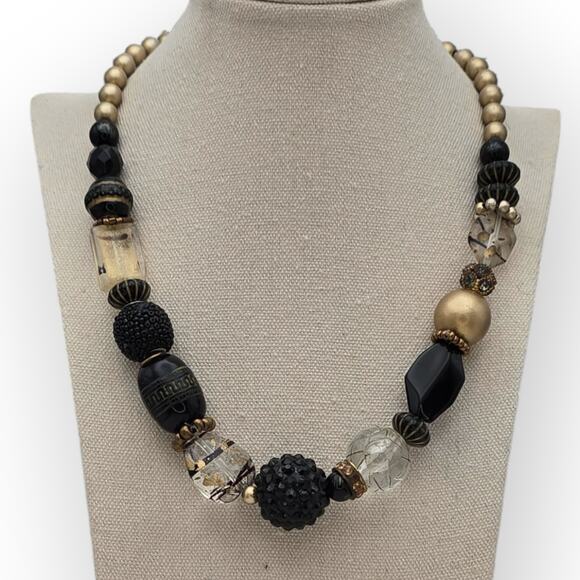 Treska Black Antique Gold Crackle Glass Artsy Statement Necklace Dark Academia
